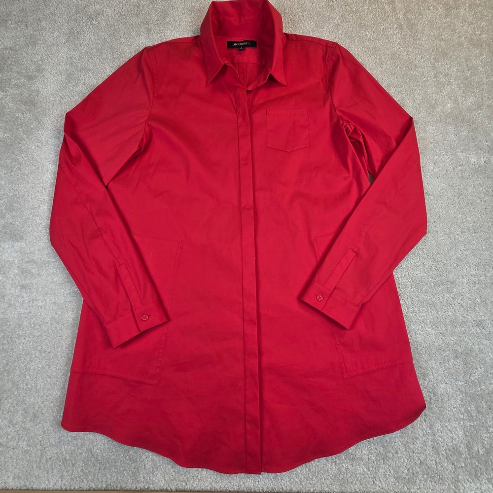 Lafayette‎ 148 New York Red Button Down Shirt Long Sleeve Tunic Women's P/S